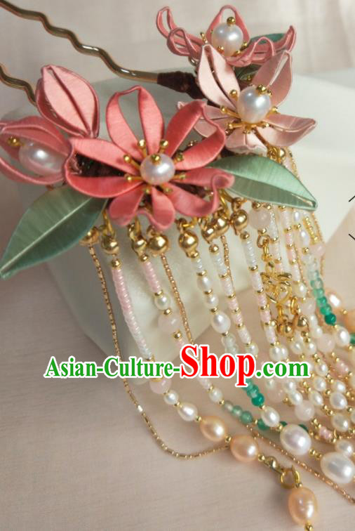 Chinese Traditional Pink Silk Epiphyllum Hairpin Song Dynasty Hair Accessories Ancient Princess Pearls Tassel Hair Clip