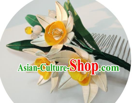 Chinese Traditional Yellow Silk Daffodil Hairpin Song Dynasty Hair Accessories Ancient Princess Flowers Hair Comb