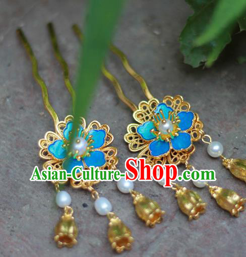 Chinese Ancient Ming Dynasty Hair Accessories Traditional Blueing Plum Blossom Hairpin