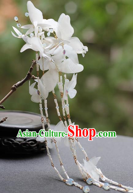 Chinese Ancient Fairy Princess White Butterfly Hairpin Traditional Hanfu Beads Tassel Hair Stick