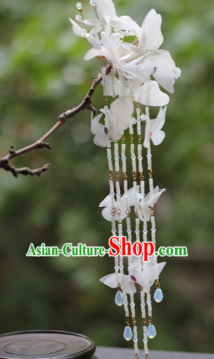 Chinese Ancient Fairy Princess White Butterfly Hairpin Traditional Hanfu Beads Tassel Hair Stick