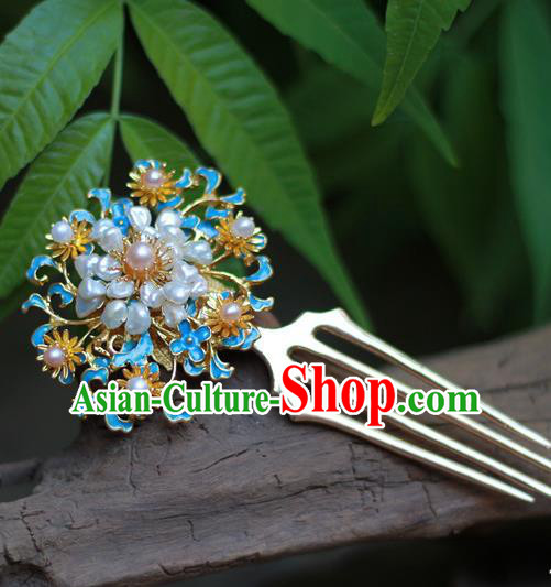 Chinese Ancient Empress Blueing Hairpin Traditional Ming Dynasty Hanfu Pearls Hair Comb