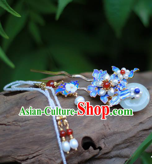 Chinese Ancient Queen Jade Hairpin Traditional Ming Dynasty Hanfu Pearls Plum Tassel Hair Stick