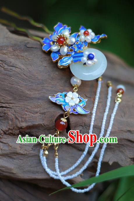 Chinese Ancient Queen Jade Hairpin Traditional Ming Dynasty Hanfu Pearls Plum Tassel Hair Stick