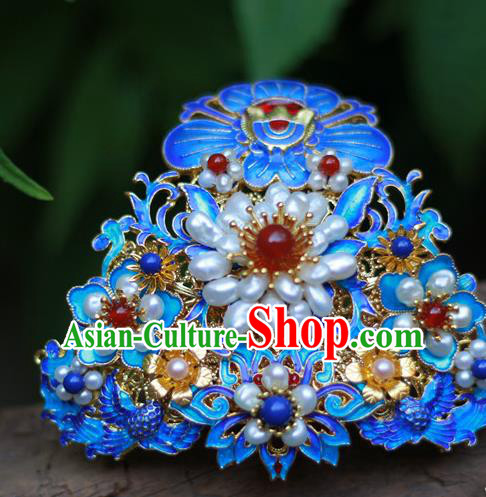 Chinese Traditional Ming Dynasty Hanfu Blueing Phoenix Peony Hair Crown Ancient Empress Pearls Hairpin