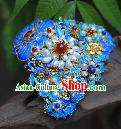Chinese Traditional Ming Dynasty Hanfu Blueing Phoenix Peony Hair Crown Ancient Empress Pearls Hairpin