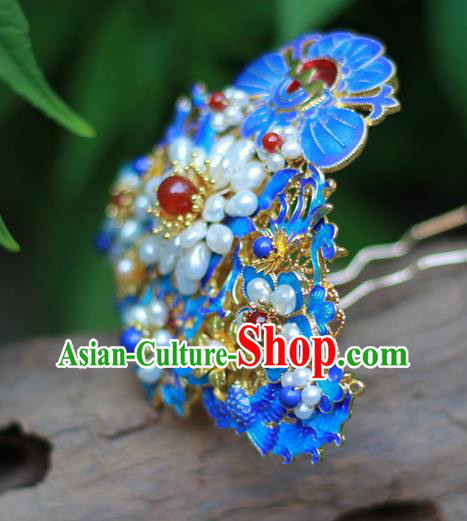 Chinese Traditional Ming Dynasty Hanfu Blueing Phoenix Peony Hair Crown Ancient Empress Pearls Hairpin