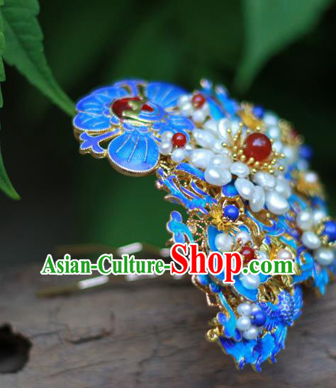 Chinese Traditional Ming Dynasty Hanfu Blueing Phoenix Peony Hair Crown Ancient Empress Pearls Hairpin