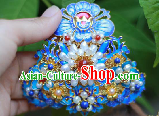 Chinese Traditional Ming Dynasty Hanfu Blueing Phoenix Peony Hair Crown Ancient Empress Pearls Hairpin