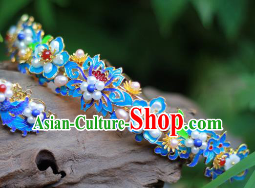 Chinese Ancient Empress Pearls Hair Crown Traditional Ming Dynasty Hanfu Blueing Lotus Hairpin