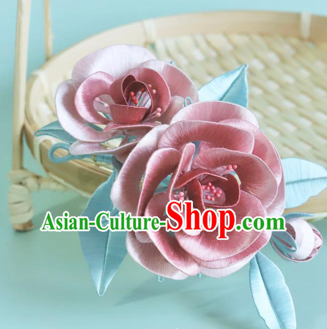 Chinese Traditional Hanfu Pink Silk Rose Hairpin Hair Accessories Ancient Princess Hair Stick