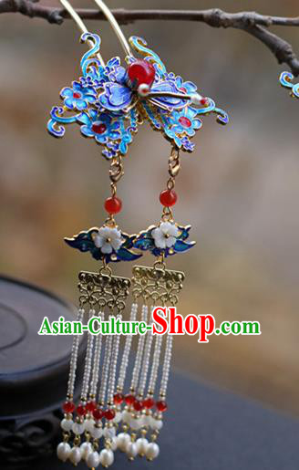 Chinese Ancient Imperial Concubine Blueing Butterfly Hairpin Traditional Ming Dynasty Pearls Tassel Hair Stick