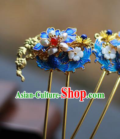 Chinese Ancient Empress Blueing Hairpins Traditional Ming Dynasty Pearls Hair Sticks