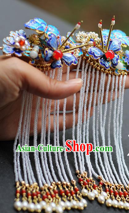 Chinese Traditional Ming Dynasty Pearls Tassel Hair Stick Ancient Imperial Concubine Blueing Butterfly Hairpin
