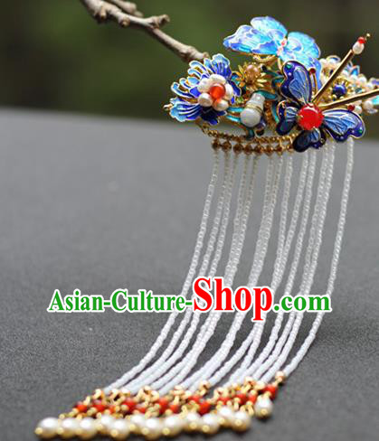 Chinese Traditional Ming Dynasty Pearls Tassel Hair Stick Ancient Imperial Concubine Blueing Butterfly Hairpin