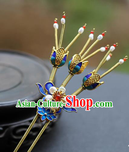 Chinese Traditional Ming Dynasty Empress Pearls Hair Stick Ancient Imperial Concubine Blueing Lotus Hairpin
