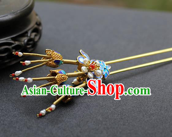 Chinese Traditional Ming Dynasty Empress Pearls Hair Stick Ancient Imperial Concubine Blueing Lotus Hairpin
