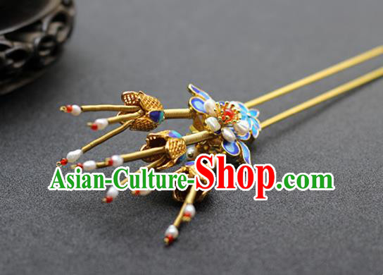 Chinese Traditional Ming Dynasty Empress Pearls Hair Stick Ancient Imperial Concubine Blueing Lotus Hairpin