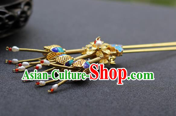 Chinese Traditional Ming Dynasty Empress Pearls Hair Stick Ancient Imperial Concubine Blueing Lotus Hairpin