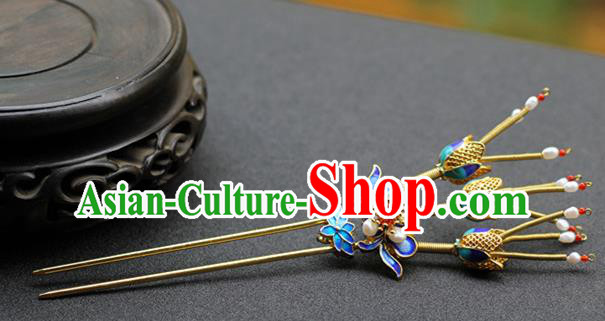 Chinese Traditional Ming Dynasty Empress Pearls Hair Stick Ancient Imperial Concubine Blueing Lotus Hairpin