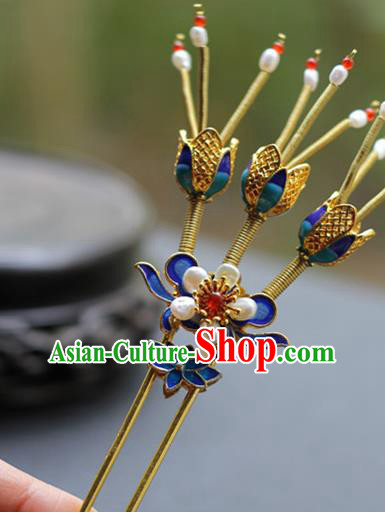 Chinese Traditional Ming Dynasty Empress Pearls Hair Stick Ancient Imperial Concubine Blueing Lotus Hairpin
