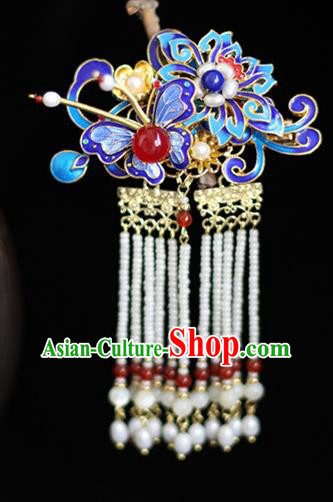 Chinese Ancient Court Woman Pearls Tassel Hairpin Traditional Ming Dynasty Queen Blueing Butterfly Hair Stick