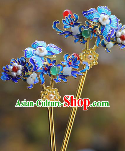 Chinese Ancient Queen Blueing Butterfly Hairpin Traditional Ming Dynasty Jade Pearls Hair Stick
