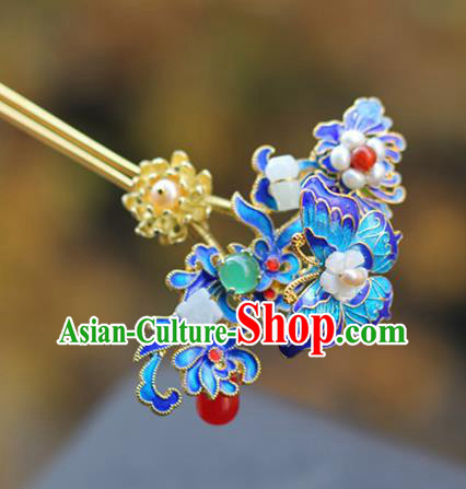 Chinese Ancient Queen Blueing Butterfly Hairpin Traditional Ming Dynasty Jade Pearls Hair Stick