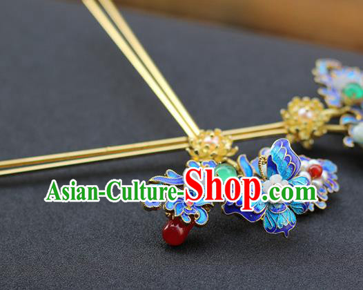 Chinese Ancient Queen Blueing Butterfly Hairpin Traditional Ming Dynasty Jade Pearls Hair Stick