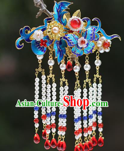 Chinese Ancient Bride Blueing Butterfly Hairpin Traditional Ming Dynasty Wedding Tassel Hair Claw