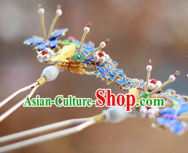 Chinese Ancient Royal Empress Jade Vase Hairpin Traditional Ming Dynasty Blueing Butterfly Hair Stick
