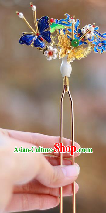 Chinese Ancient Royal Empress Jade Vase Hairpin Traditional Ming Dynasty Blueing Butterfly Hair Stick