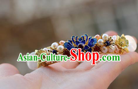 Chinese Ancient Palace Lady Pearls Hairpin Traditional Ming Dynasty Cloisonne Chrysanthemum Hair Stick