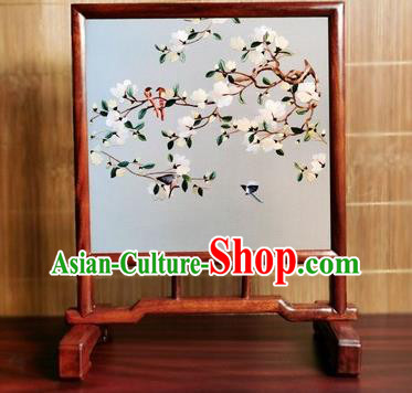 China Handmade Rosewood Table Ornament Embroidered Mangnolia Desk Screen Double Side Suzhou Embroidery Silk Craft