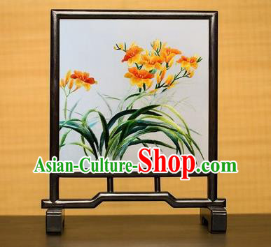 China Handmade Rosewood Table Furniture Traditional Double Side Embroidered Orchids Desk Screen