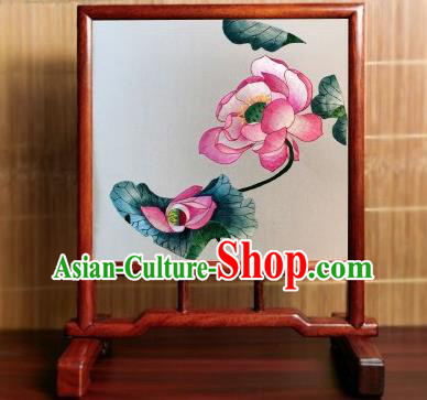 China Traditional Double Side Embroidered Lotus Desk Screen Handmade Rosewood Table Furniture