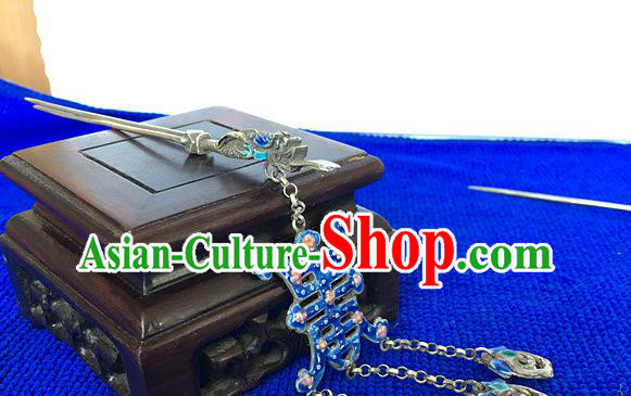Chinese Ancient Empress Cloisonne Tassel Hairpin Traditional Qing Dynasty Silver Hair Stick