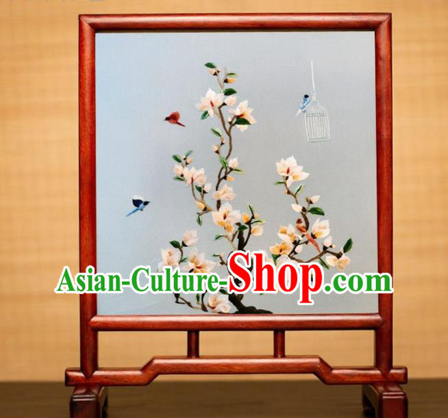 China Handmade Rosewood Craft Table Decoration Traditional Suzhou Embroidered Mangnolia Desk Screen