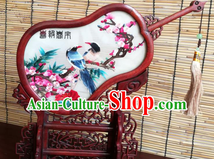China Traditional Double Side Embroidered Desk Screen Handmade Rosewood Gourd Decoration