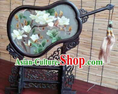 China Traditional Suzhou Embroidered Craft Handmade Blackwood Gourd Desk Decoration Embroidery Mangnolia Table Screen