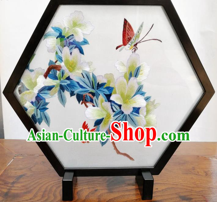 China Handmade Blackwood Desk Decoration Embroidery Hexagon Table Screen Traditional Suzhou Embroidered Flowers Craft