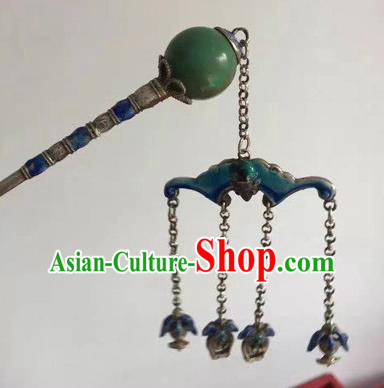 Chinese Traditional Qing Dynasty Silver Hair Stick Ancient Empress Cloisonne Bat Tassel Hairpin