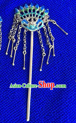 Chinese Traditional Qing Dynasty Silver Tassel Hair Stick Ancient Court Lady Cloisonne Bat Hairpin