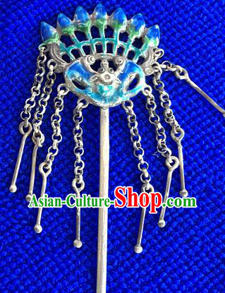 Chinese Traditional Qing Dynasty Silver Tassel Hair Stick Ancient Court Lady Cloisonne Bat Hairpin