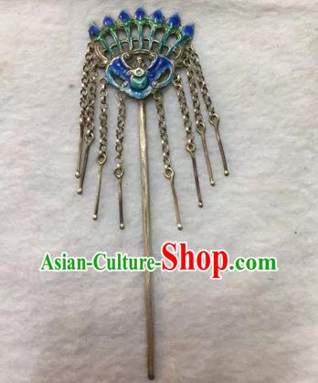 Chinese Traditional Qing Dynasty Silver Tassel Hair Stick Ancient Court Lady Cloisonne Bat Hairpin