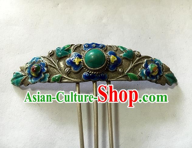 Chinese Traditional Qing Dynasty Noble Woman Silver Hairpin Ancient Imperial Consort Enamel Hair Comb