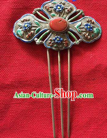 Chinese Traditional Qing Dynasty Enamel Silver Hairpin Ancient Imperial Consort Coral Peony Hair Comb