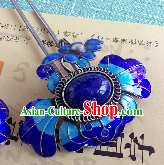 Chinese Ancient Queen Lapis Hair Stick Traditional Qing Dynasty Enamel Peony Hairpin