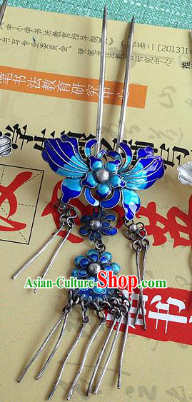 Chinese Ancient Royal Princess Cloisonne Hair Stick Traditional Qing Dynasty Palace Silver Tassel Hairpin