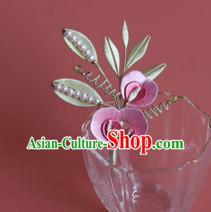 Chinese Traditional Hanfu Hairpin Hair Accessories Ancient Princess Pink Silk Flowers Hair Stick